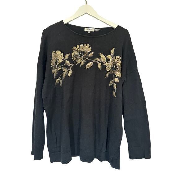 Calvin Klein XL Black Gold Flowers Travel Lounge Pullover Sweater Christmas Cozy - Picture 2 of 10